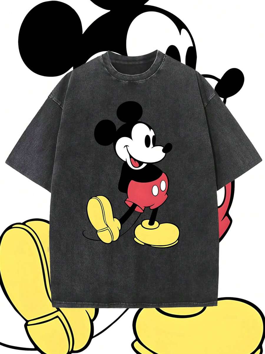 Disney, Disney Mickey Mouse; Short-Sleeved Men's Summer T-Shirt, Distressed Effect, One-Piece Design, Pure Cotton Fabric, Comfortable And Breathable, Casual Outdoor Street Style, Crew Neck; A High-Quality Fashion Brand, It Is An Ideal Surprise Gift For Family And Friends. - 黑色 - 查看 1