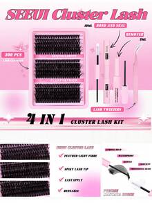 300pcs Cluster False Eyelashes Set, Thick Curly Lash Extension Kit, D-Curl, 10-18mm Mixed Length, DIY Lash Extension Set, Soft Individual Fake Lashes, Create Natural Y2K Makeup Look, Easy DIY Lash Glue, DIY Makeup Remover, DIY Lash Curler, False Eyelashes - Black - View 1