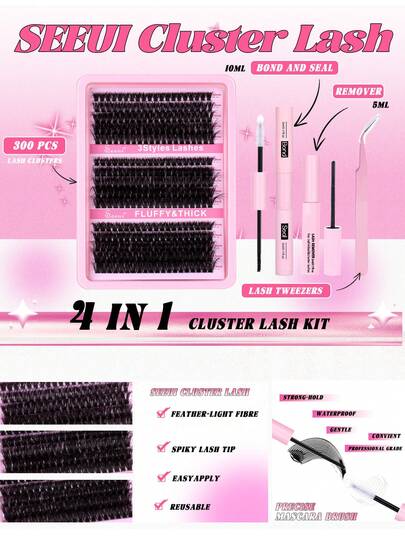 300pcs Cluster False Eyelashes Set, Thick Curly Lash Extension Kit, D-Curl, 10-18mm Mixed Length, DIY Lash Extension Set, Soft Individual Fake Lashes, Create Natural Y2K Makeup Look, Easy DIY Lash Glue, DIY Makeup Remover, DIY Lash Curler, False Eyelashes
