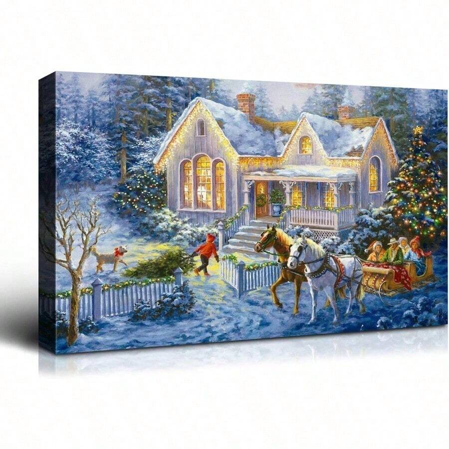 Christmas Canvas Wall Art Prints Lighted Christmas Tree Picture Red Wine Wall Painting Artwork For Home Decor - 24x18 Inch - Art04 - View 1