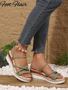 Foot Flair Plus Size Women's Woven Strap Open Toe Rope Sole Wedge Platform Sandals, Beach Vacation Style, Spring/Summer Fashion, Versatile Comfortable Roman Sandals - Army Green - View 5