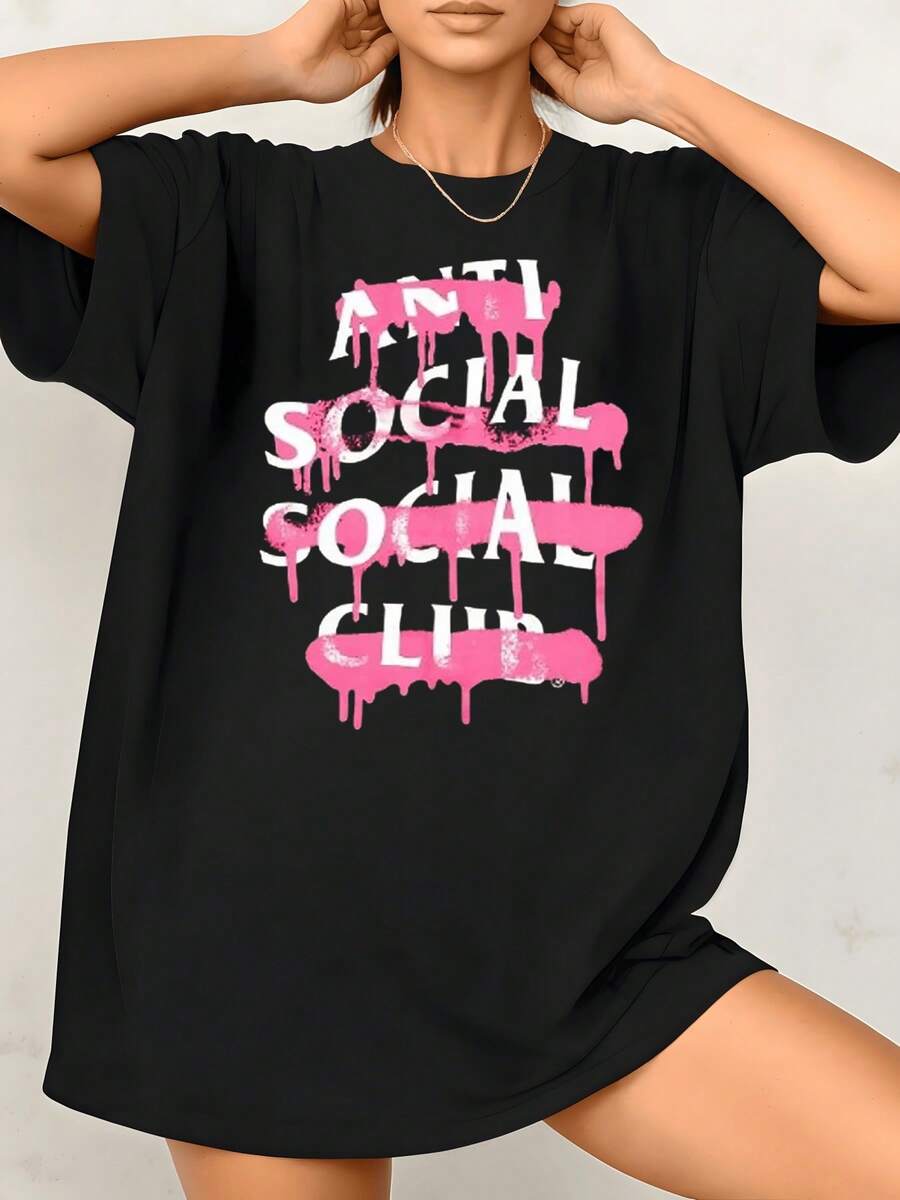 Women's Anti Social Graphic Print T Shirt Clubbing 100% Cotton Round Neck Tee  Loose Fit 1Pcs They Are Excellent Gifts For Friends And Family, Casual Style - 黑色 - 查看 1