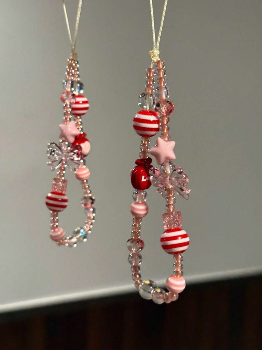 INS Style Korean Red Beads, Pink Star, Bow Tie Phone Strap, Apple Phone Chain, Beaded Camera Charm - Pink - View 1