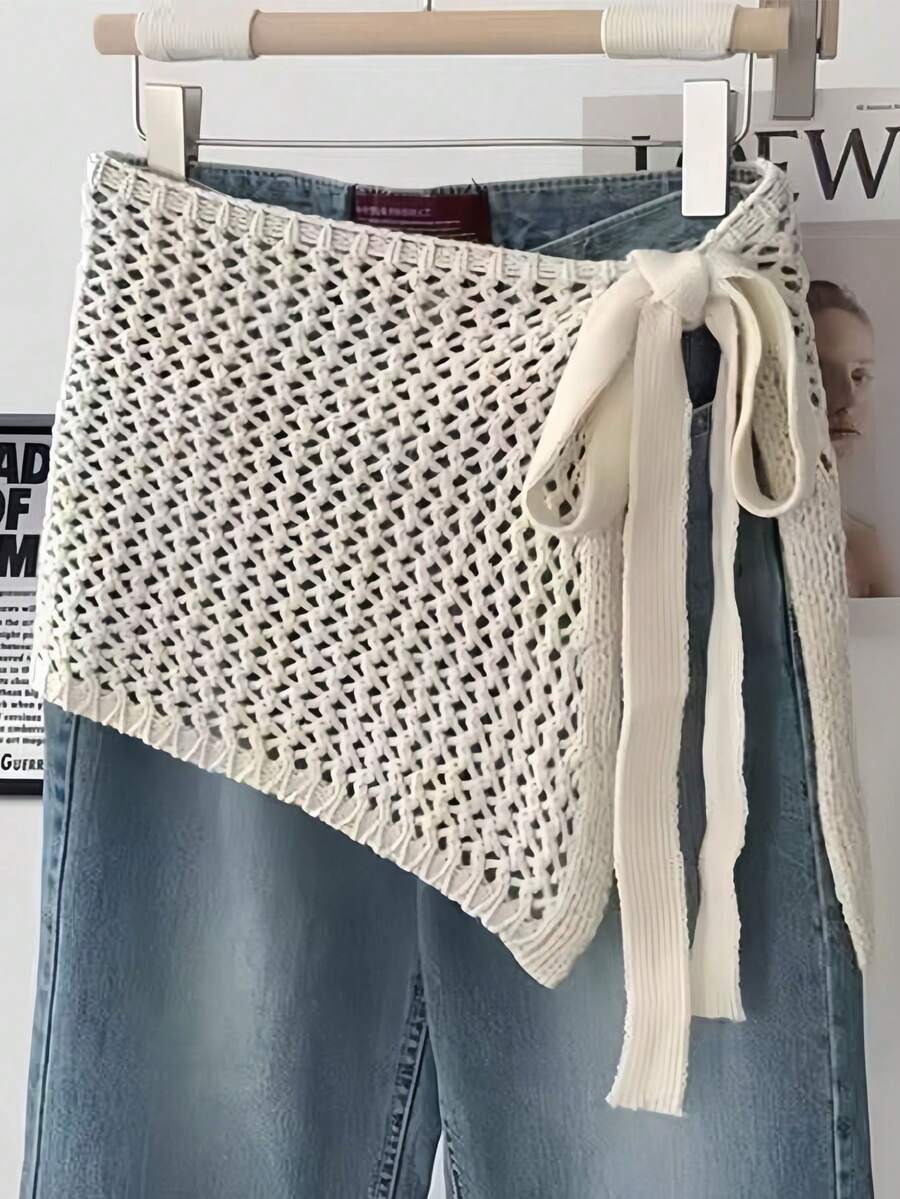 1件镂空网纱不对称下摆半身裙，时尚显瘦，可叠穿，系带腰身，及膝长度 - 彩色 - 查看 1