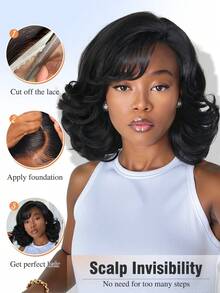 4x1 Layered Short Curly Wavy Side Bangs Lace Front Wig, Natural Layers, Heat-Resistant Synthetic Fiber, Suitable For Daily Wear, Black - màu đen - Xem 4