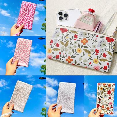 Bolso de mano con cremallera, estampado floral y de leopardo, elegante y de moda, bolsa de cosméticos, bolso de embrague, organizador de herramientas de maquillaje, regalo ideal para el Día de San Valentín, el Día de la Madre, con compartimento con cremallera para perfume, cuidado de la piel, herramientas de maquillaje, papelería, recuerdo de fiesta para mujeres