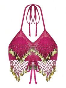 一件手工制作的女士露背吊带胸衣，饰有亮片珠串流苏系带，肚皮舞服装，露脐上衣，搭配亮片裙纱丽，灵感源自波西米亚风节日狂欢表演。适合节日、派对、夜店、海滩穿着，也可作为异域风情服饰装饰，展现波西米亚复古风情。 - 彩色 - 查看 12