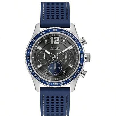 Guess Men's Quartz Chronograph Watch, Blue Round Dial, Blue Silicone Strap, Casual Wristwatch, Suitable For Daily And Outdoor Wear, Men's Gift W0971G2