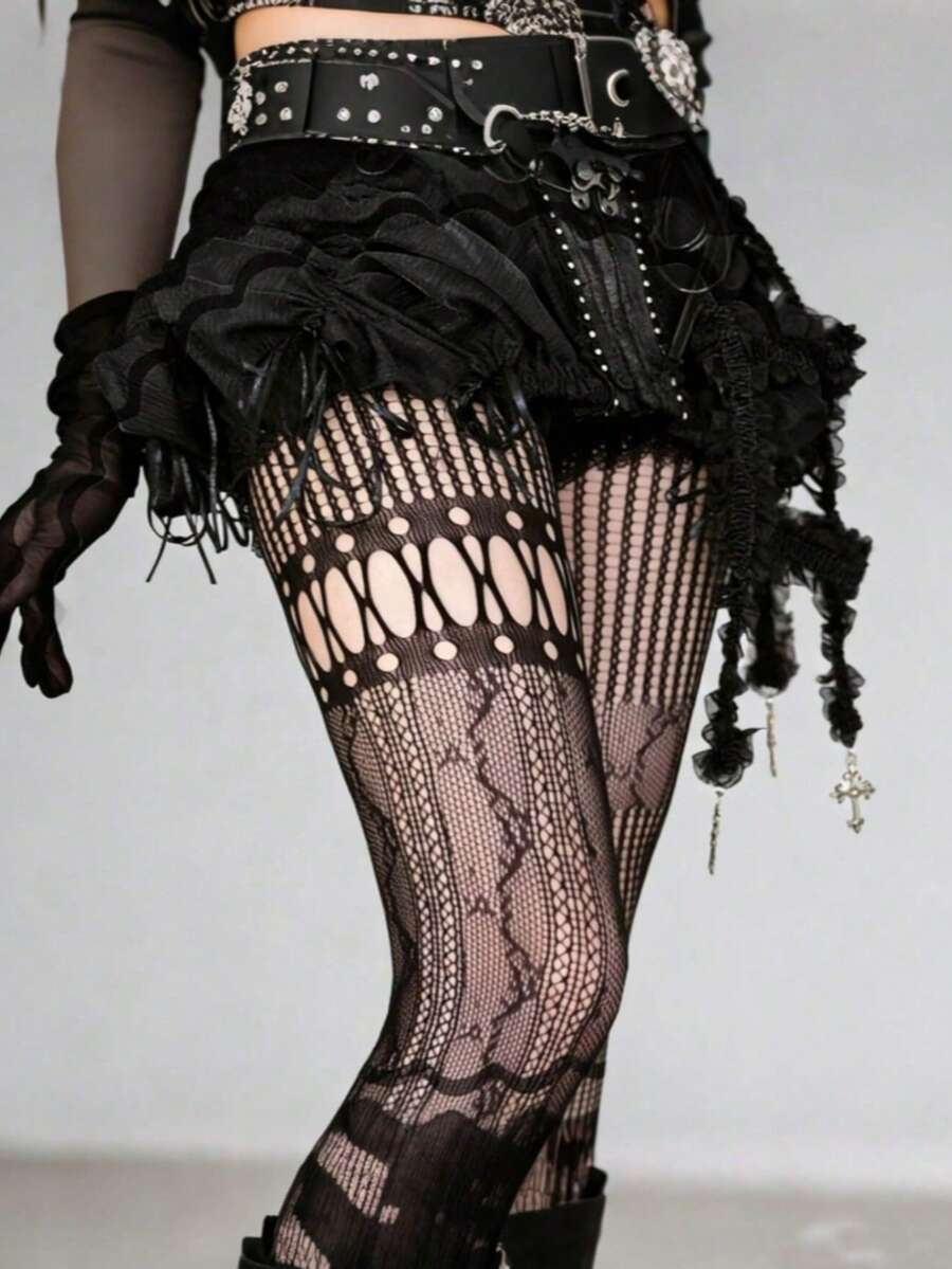 1双不对称镂空渔网袜，性感叛逆少女风黑色透明紧身裤，搭配修身裤，复古美式颓废哥特朋克千禧年性感甜美风 - 彩色 - 查看 1