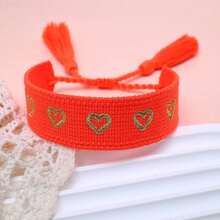 1pc Handmade Embroidered Heart Adjustable Braided Tassel Beach Boho Style Bracelet, Suitable As Gift For Friends, Family, Party, Wedding - Orange - View 2