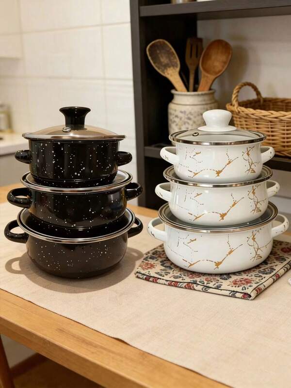 3 pièces Set de marmites en émail, Mini marmite en émail pour la soupe, le lait, les nouilles, convient pour la plaque à induction et le gaz