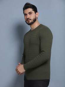 Men's Plain Square Knit Sweater, Round Neck, Long Sleeve, Thick Wool Sweater. - Army Green - View 4