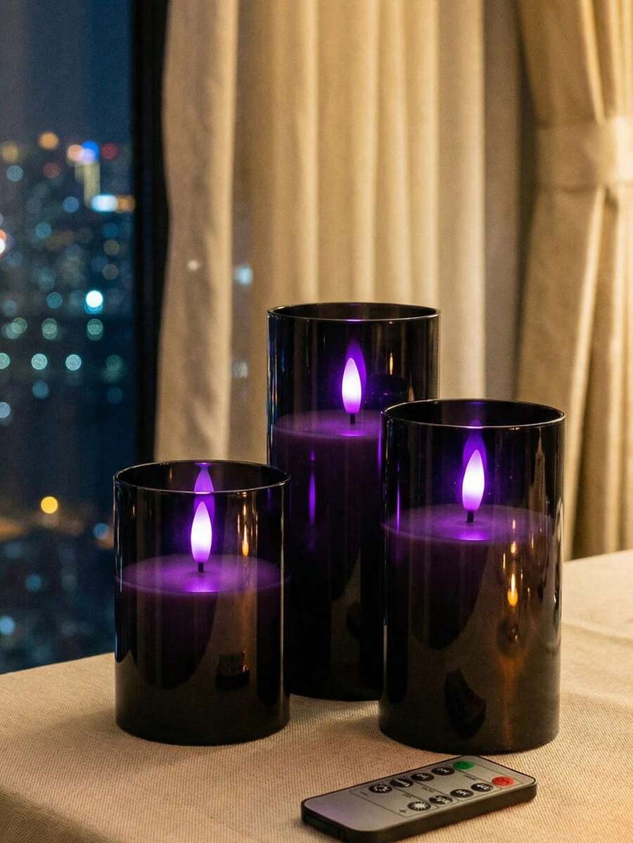 3pcs Flameless Black Candles With Remote Control & Timer, Battery-Powered Flickering LED Candles With Purple Lighting, Suitable For Wedding, Party, Home & Holiday Decor - Black Purple Light - View 1