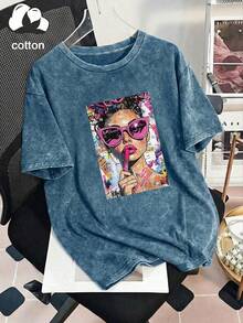Áo thun nữ tay ngắn cổ tròn in hình cô gái theo phong cách retro pop art, thích hợp cho mùa xuân, hè và thu. - Xanh đậm - Xem 3