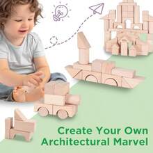 IPlay ILearn Kid Wooden Building Block Set Toddler Natural Wood Block Montessori Learning Toy Large Hardwood Stacking Brick Castle Unit Preschool Classroom Gift 2 3 4 5 6 8 Year Old Boy Girl Child - As Pic - View 5