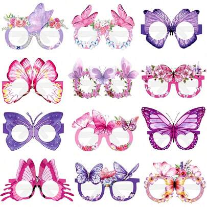 Butterfly Paper Photo Booth Props, Floral Butterfly Decorative Glasses, Purple Pink Party Photography Decorations, Suitable For Birthday Party, Wedding Celebration, Spring Theme Party, Masquerade, Great Party Photo Background Accessories