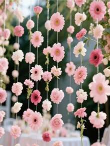 21pcs/Set Floral Waterfall Set, Mixed Pink Artificial Flowers And 1 Roll Transparent Ribbon, Fake Flower Decor, DIY Props For Wedding Party, Valentine's Day, Bridal Shower, Birthday Room Decoration (Flower Color Random) - Multicolor - View 5