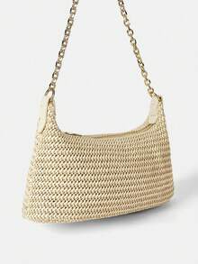 New Arrival Fashionable Bohemian Style Woven Rattan Bag With Chain Strap, Shoulder Bag, Suitable For Daily Casual, Vacation, Shopping And Outfit Matching, Tready Crescent Moon Bag For Women , Bohemian Outfit For Women, Boho - 卡其色 - 查看 3