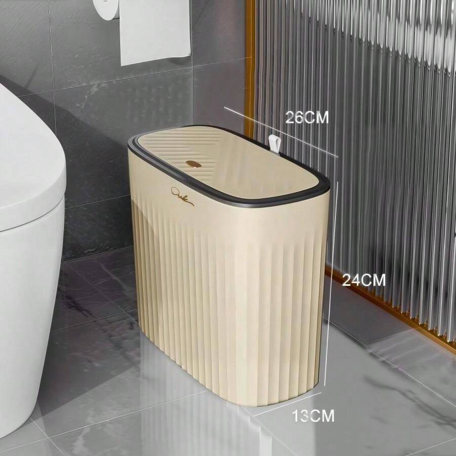 Haosin 8L (2.11 Gal) Slim Trash Can With Pressure Lid - Airtight, Odor-Resistant, Space-Saving For Bathroom/Bedroom (6x13x24cm) Narrow Slotted Wastebasket Garbage Bin Perfect Organization Gift For Christmas - 米黃色 - 查看 1