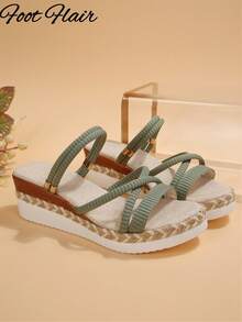 Foot Flair Plus Size Women's Woven Strap Open Toe Rope Sole Wedge Platform Sandals, Beach Vacation Style, Spring/Summer Fashion, Versatile Comfortable Roman Sandals - Army Green - View 8