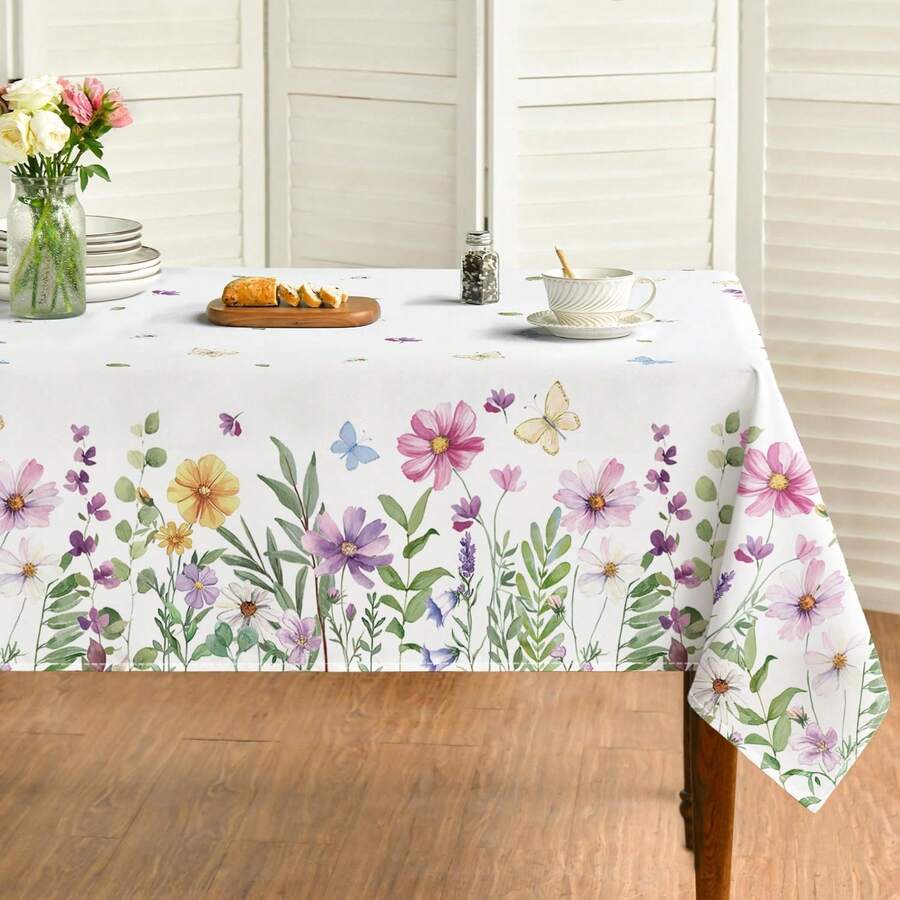 Spring Tablecloth, Floral & Butterfly Pattern Washable Dining Table Cover, Suitable For Party, Picnic And Dinner Decoration - Pink - View 1