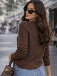 Women's Textured Knit Long Sleeve Blouse, Winter Blouses, Women's Blouses, Brazilian Casual Elegant - 鏽棕色 - 查看 2