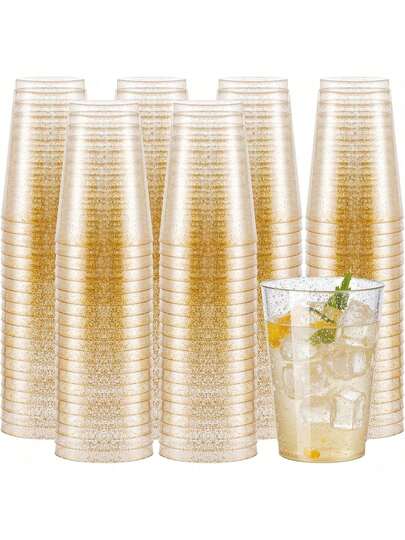 25只透明金粉/金边/银边葡萄酒杯，12盎司香槟杯，婚礼祝酒杯，可重复使用的派对杯，适用于野餐、婚礼、派对、鸡尾酒会、户外聚会，优雅易清洗，是新年和圣诞节的完美之选。蛋糕杯婚礼装饰 - 生日派对装饰