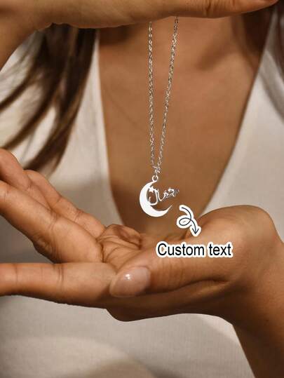 1pc Customized Arabic Name Necklace With Moon Design, Elegant Minimalist Jewelry, Arabic Calligraphy Pendant, Suitable For Ramadan, Religious Jewelry Gift For Mom, Birthday, Spring/Summer, Fashion, Casual, Customized, Personalized, Unique, Ideal Gift For Her, Boyfriend, Girlfriend, Dad, Mom, Family, Friends, Anniversary, Party, Stainless Steel Jewelry, Middle School, High School, College, Suitable For Ramadan, Mother's Day, Back To School