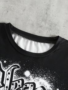 青少年男孩休闲街头风暗黑天使图案字母涂鸦独特设计短袖T恤，春夏款 - 黑色 - 查看 5