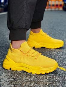Men's Yellow Sneakers With Breathable Knit Upper – Fashionable Chunky Sole Athletic Shoes For Comfortable Walking, Casual Wear, And Outdoor Adventures, Excellent Gift Choice - 黃色 - 查看 2