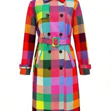 [Durable Build] Women's Colorful Plaid Print Trench Coat With Belt - Elegant Long Sleeve Outerwear, Button-Up Front, Machine Washable Polyester, Vibrant Checkered Design, Perfect For Casual Or Stylish Outfits - Mixed Color - View 3