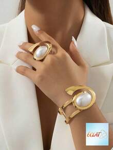 1set Exaggerated Metal Encrusted Faux Pearl Half Circle Women Bracelet Ring Jewelry Mini Accessory Set Holiday Gift For Women Girls V6MK - 白色 - 查看 5