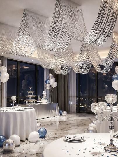 1pc Silver Wavy Suspended Ceiling Tassel Rain Curtain, Metal Tassel Garland, Luxurious Metallic Ribbon, Hanging Tassel Ribbon Wreath, Multipurpose Hanging Decor, Metal Tassel Wall Decor Hanging Backdrop Table Skirt Decor, Metallic Foil Silver Ribbon Photo Backdrop,Suitable For Birthdays, Weddings, Parades, And Holiday Decorations, Available In Multiple Colors, Versatile, Festive Banner, Elegant Party Backdrop, And Durable Holiday Decoration,Baby Shower Decor,Gender Reveal Decor,Tassel Decor