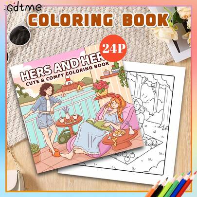 New "Her And Her" Coloring Book, 1 Book, 22 Single-Sided Printed Pages, Clear Lines And Exquisite Patterns, Perfect For Relaxation And As A Gift For New Year, Valentine's Day, Christmas, Birthday, School Holidays, Suitable For Adults, Teenagers And Children