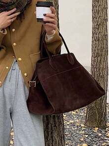 Vintage Brown Suede Tote Bag - Large Capacity Commute Shoulder Bag With Magnetic Closure, Nylon Lining, And Durable Handles, Ideal For Everyday Use, Everyday Tote Bag | Vintage Style Bag | Durable Handles, Tote Bag, New Fall Fashion 2025 For Women - 咖啡 - 查看 5