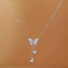 1 Classic Elegant Bling Butterfly Tassel Necklace - Silver - View 4