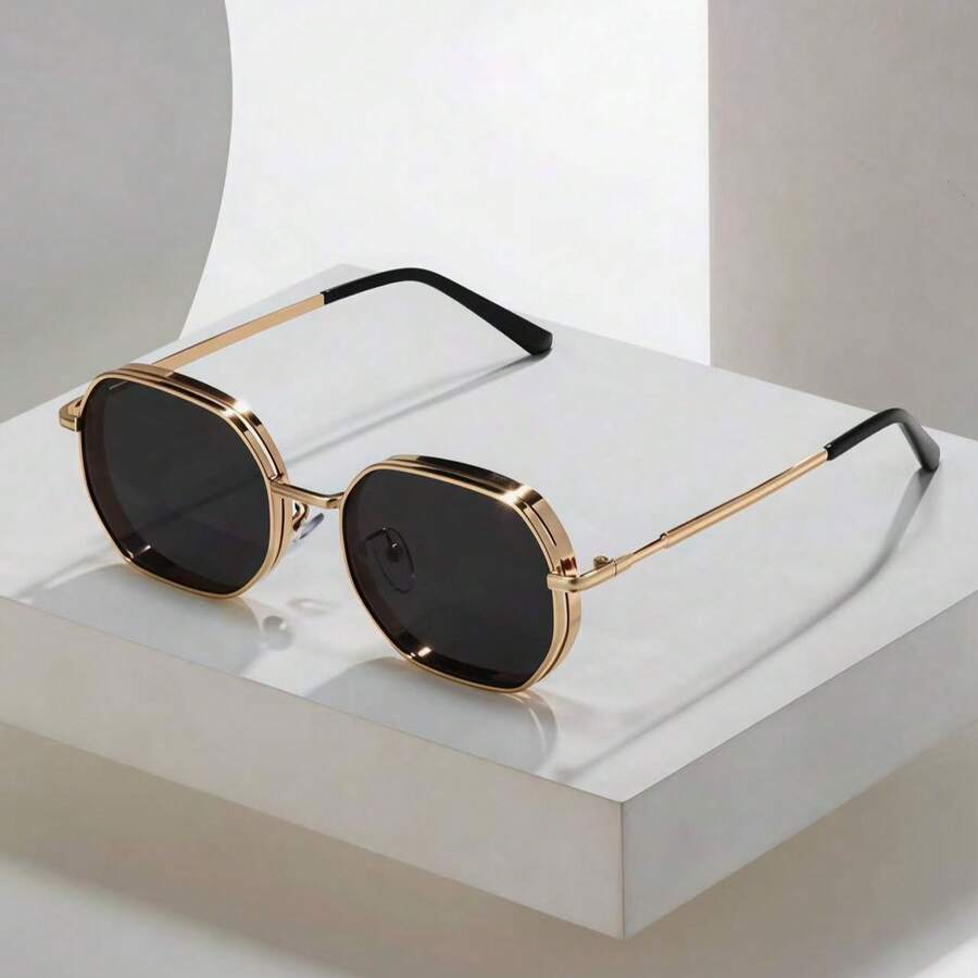 Men's Summer Metal Geometric Fashion Glasses, Streetwear Style, Available In Black/Gold/Silver/Brown, Create Fashionable School Season Look - Gold - View 1