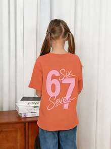Tween女孩 Six Seven 卡通印花T恤，適合日常穿著，女童春夏時尚休閒上衣 - 珊瑚橙 - 查看 3