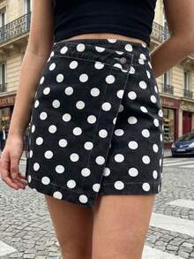 Women Denim Wrap Skirts Casual Summer Dot Print Mini Jeans Skirt For Beach Vacation Club Streetwear - 黑色 - 查看 5