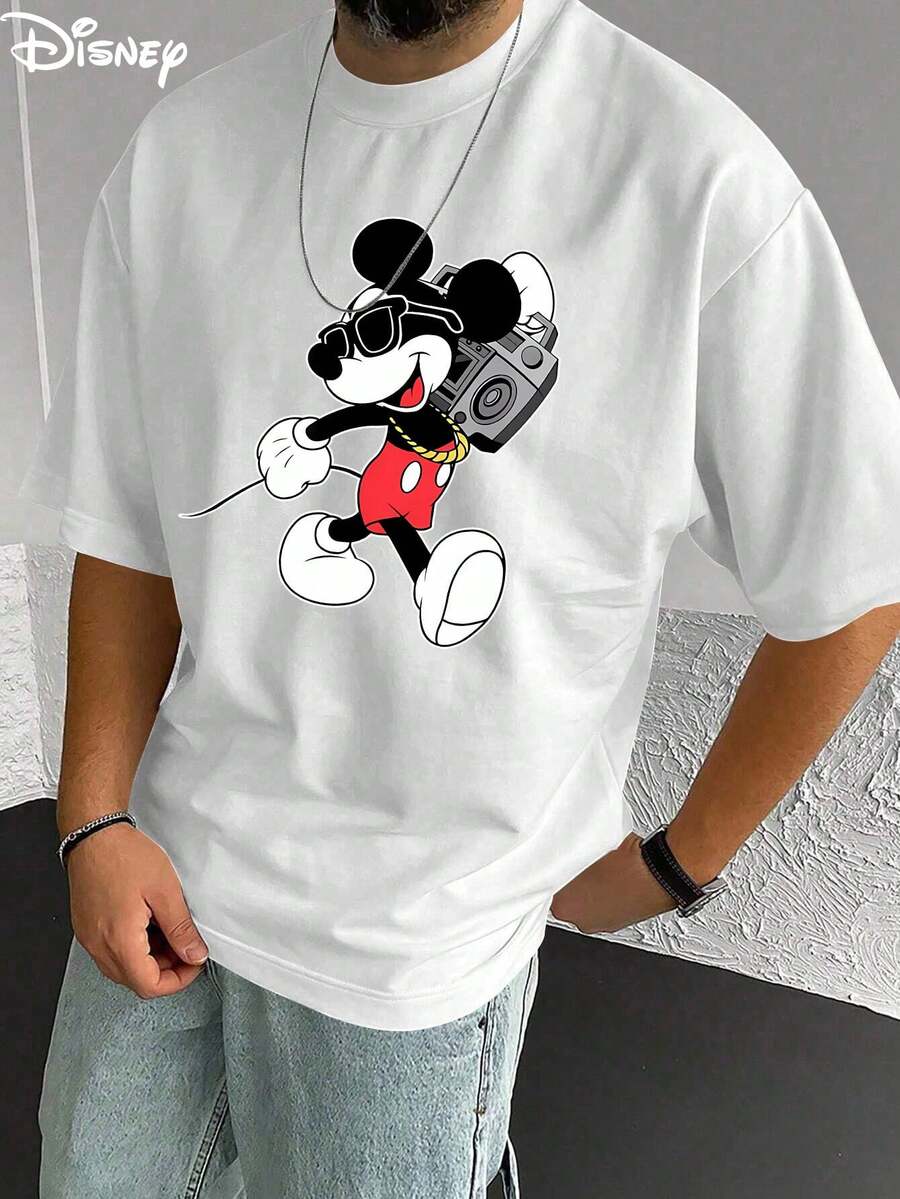 Disney Men's Casual T-Shirt, Hip-Hop Mickey Print, Retro Street Design, Comfortable Soft Fabric, Ideal For Music & Disney Fans - trắng - Xem 1