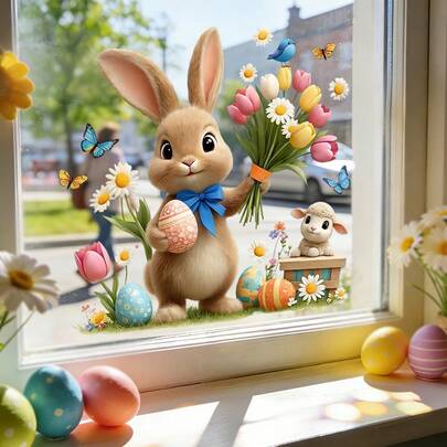 1/4 pièces Autocollants de fenêtre de bouquet d'animaux de bande dessinée mignons pour le printemps, autocollants de verre électrostatiques réutilisables à double face visibles, convenant aux chambres, cuisines, chambres d'enfants, salles de classe et à la décoration de la maison.