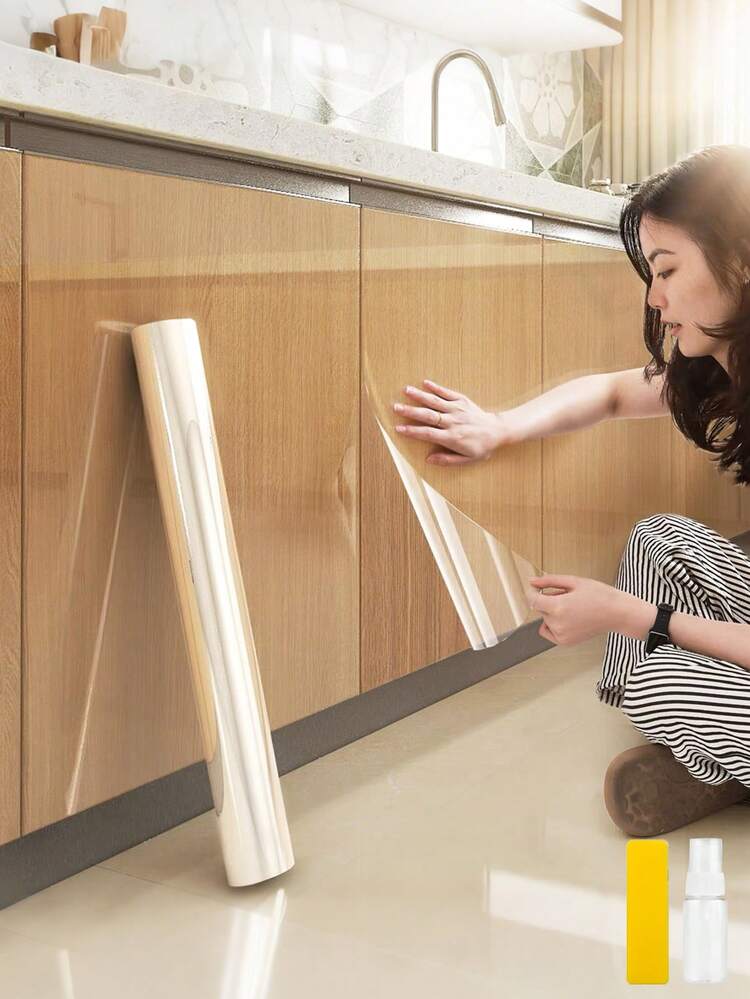 1 Roll Transparent Tabletop Protective Film, Waterproof, Oil-Resistant, Heat-Resistant (450°F), Self-Adhesive, Suitable For Kitchen, Cabinets, Tables, Furniture And Marble Surfaces - Multicolor - View 1