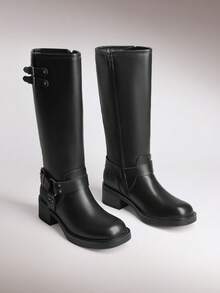 Women's Square Toe Motorcycle Boots Side Zipper Knee High Boots Chunky Low Heel Buckle Decorated Fashion Casual Riding Boots Festival Woman Shoes - màu đen - Xem 1