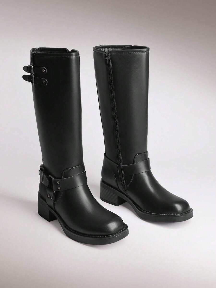Women's Square Toe Motorcycle Boots Side Zipper Knee High Boots Chunky Low Heel Buckle Decorated Fashion Casual Riding Boots Festival Woman Shoes - màu đen - Xem 1