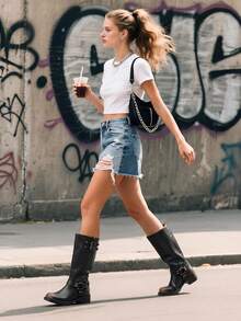 Women's Square Toe Motorcycle Boots Side Zipper Knee High Boots Chunky Low Heel Buckle Decorated Fashion Casual Riding Boots Festival Woman Shoes - 鏽棕色 - 查看 4