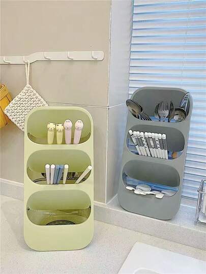 三层餐具架，可折叠厨房餐具收纳架，可水洗壁挂或台面收纳架，适用于筷子、叉子、刀具，有 3 种颜色可选，多功能收纳化妆品、牙刷、文具等。