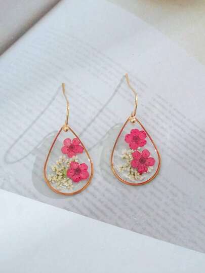 1pair Teardrop Resin Dried Flower Stud Earrings For Women, Daily Wear Valentines,Mom,Mother,Mother's Day,Gift