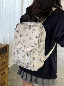 1 pieza Mochila de mujer de gran capacidad con estampado de mariposa, mochila escolar clásica, bolso versátil para ir al trabajo con múltiples bolsillos - Beis - Ver 11