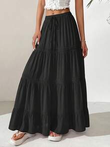 Women Casual Elastic High Waist Drawstring Pleated Layered Flowy Long Skirt Summer Boho Beach Vacation Holiday Going Out Valentine Maxi Skirt Outfits - màu đen - Xem 3