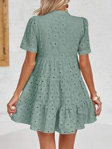 Women's Summer Lace Eyelet Dress Flowy Babydoll Swing V Neck Tunic Short Sleeve Dress - Light Green - View 4